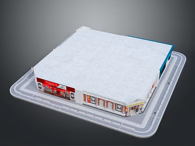 Shop Character And Small Bird Near White Roof Commercial Building With Stores 3d model