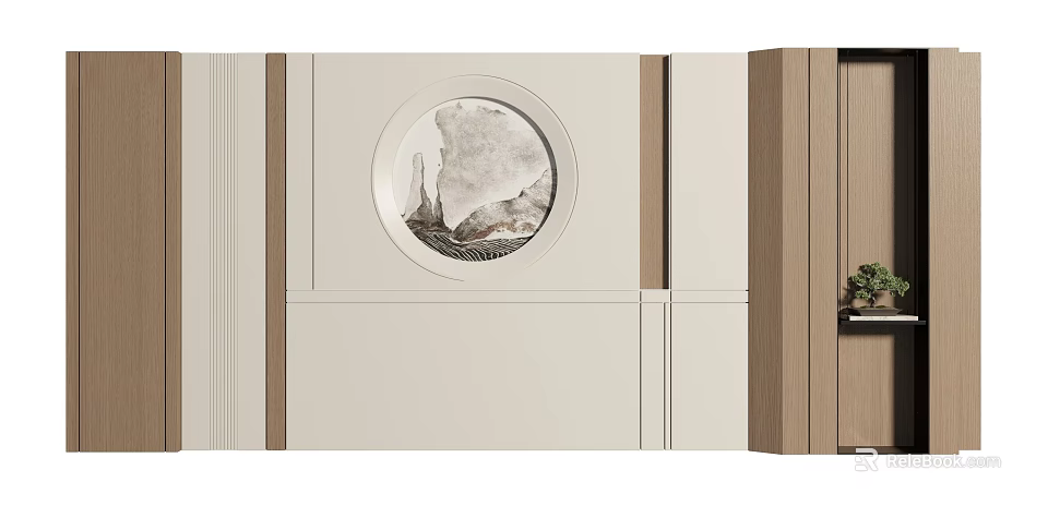 Modern Sofa Background Wall With Circular Landscape Painting And Wooden Details 3d model