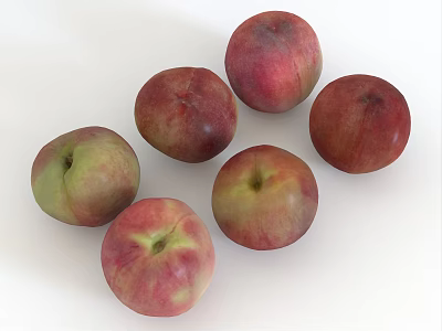 Six Fresh Red and Green Peaches Arranged on Clean White Background Surface 3d model