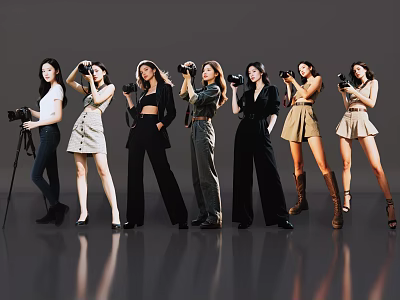 Women with cameras standing in a line with various outfits on gray background 3d model