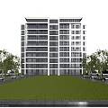 Modern High Rise Residential Building Exterior With Surrounding Trees And Lawn Area