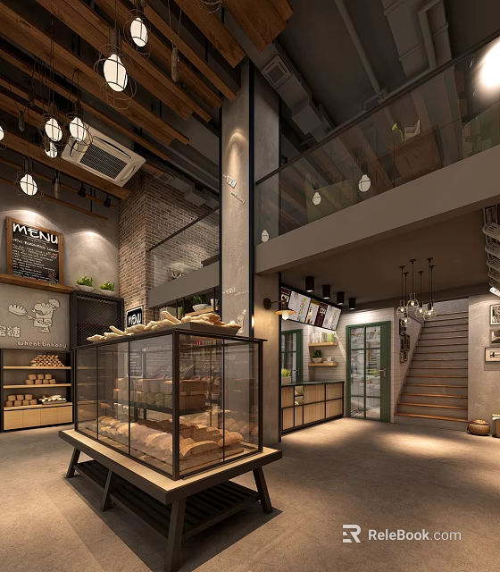 Cozy Dessert Shop Interior With Glass Display Case Wooden Shelves And Chandeliers 3d model 