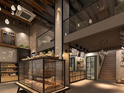 Cozy Dessert Shop Interior With Glass Display Case Wooden Shelves And Chandeliers 3d model