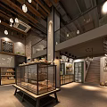 Cozy Dessert Shop Interior With Glass Display Case Wooden Shelves And Chandeliers