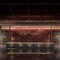 Elegant Store Front Desk With Red Backdrop Golden Patterns And Marble Countertop 3d model