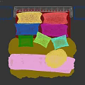 Double Bed with Tufted Headboard Multiple Red Purple Beige Pillows White Nightstands Drawers Velvet Bedding