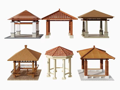 Various Garden Pavilion Models With Different Roof Designs And Wooden Structures 3d model