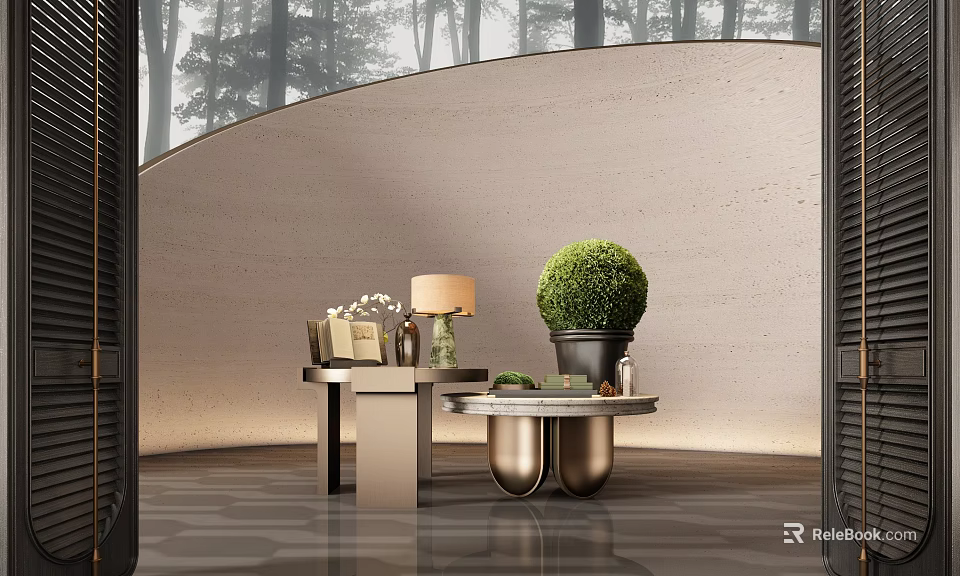 Elegant Console Table With Green Plant Lamp Books In Curved Wall Forest Gray Marble Floor 3d model 