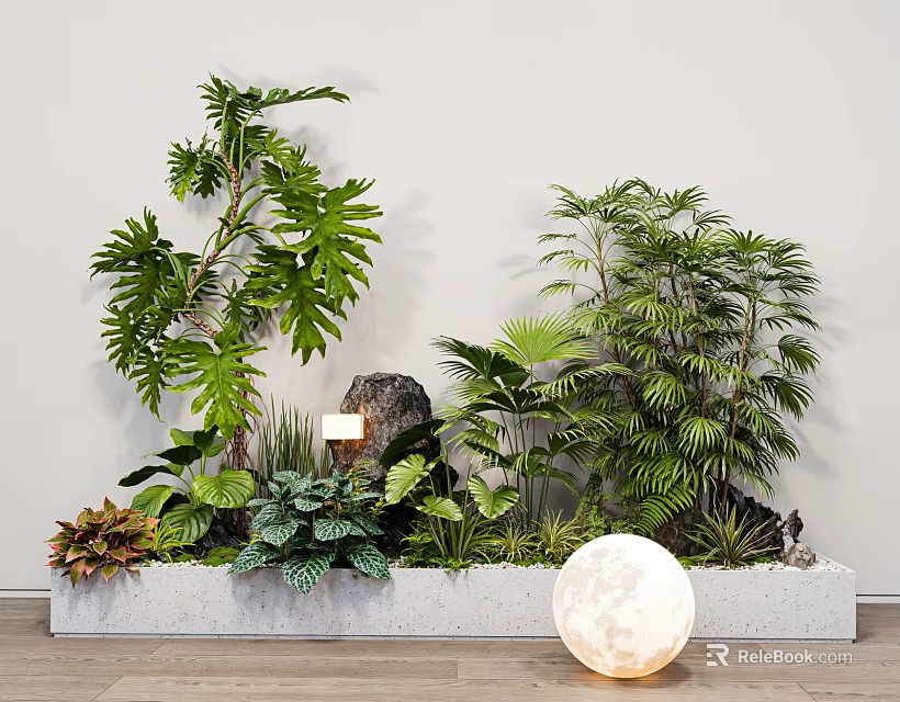 Bonsai Potted Plants With Various Greenery Rock Accent And Moon Lamp Lighting 3d model 