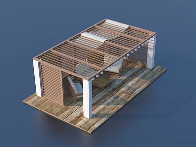 Outdoor Pergola With Wooden Frame White Pillars And Seating On Wooden Deck 3d model