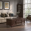 Classic Wooden Coffee Table With Drawers And Cabinet Doors In Living Room