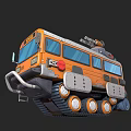 Cartoon Style Orange School Bus With Tracks And Mechanical Top Device