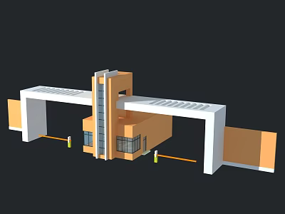 Modern Entrance Gate Architectural Design with Tower Structure Glass Windows and White Orange Facade 3d model