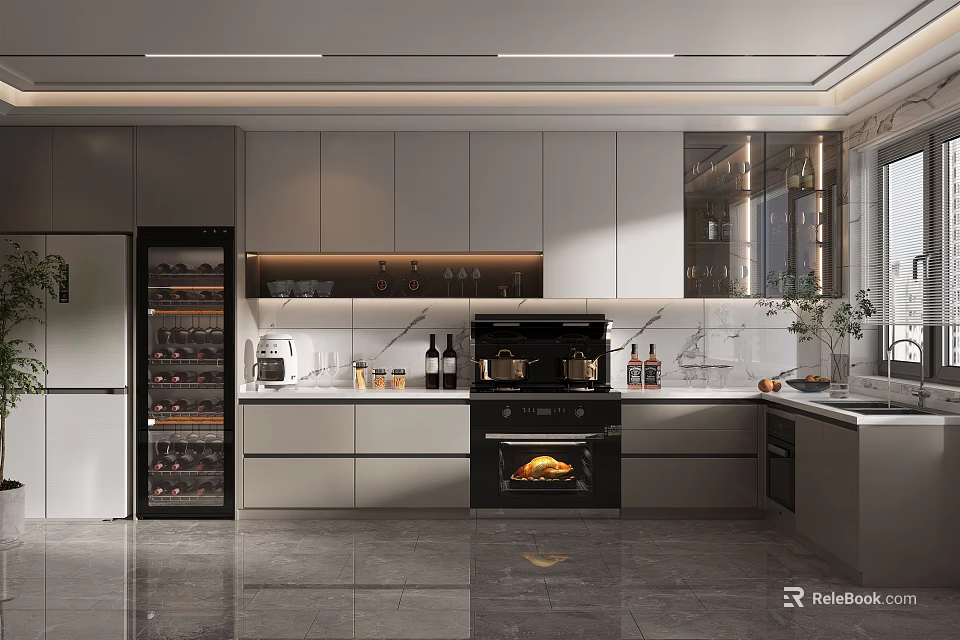 Modern Kitchen Interior With White Cabinets Black Oven And Marble Countertop 3d model 