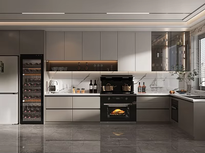Modern Kitchen Interior With White Cabinets Black Oven And Marble Countertop 3d model