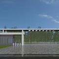 Modern Industrial Factory Entrance with Metal Canopy Stone Pillars Lawn and Trees Under Blue Sky