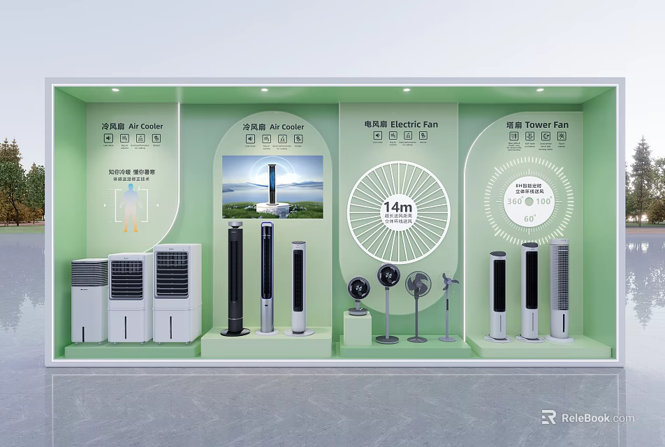 Various Air Cooler Fan Models Displayed With Cooling Function For 14m² Area 3d model 
