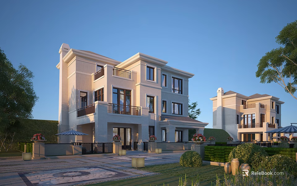 Elegant Detached Villa Exterior Design With Balconies Large Windows Landscaped Courtyard And Greenery 3d model 