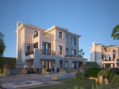 Elegant Detached Villa Exterior Design With Balconies Large Windows Landscaped Courtyard And Greenery 3d model