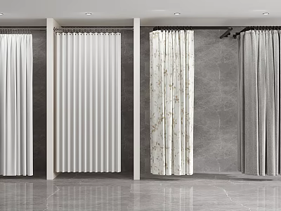 Different Curtain Styles Showcased In Modern Display Area With White And Patterned Options 3d model