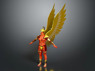 Mythical Warrior Game And Movie Character With Golden Wings Golden Helmet Red Body And Armor 3d model