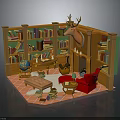 Cozy Wooden Library Nook Interior With Bookshelves Deer Head Red Armchair And Fireplace
