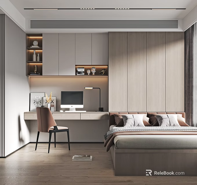 Modern Tatami Bedroom Interior Design With Writing Desk Computer Chair Warm Lighting And Cabinets 3d model 