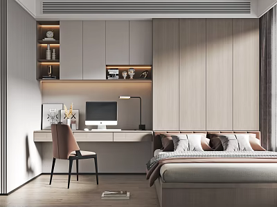 Modern Tatami Bedroom Interior Design With Writing Desk Computer Chair Warm Lighting And Cabinets 3d model