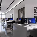 Modern Public Office Space With Desks Computers Chairs Wall Slogan And Clock 3d model