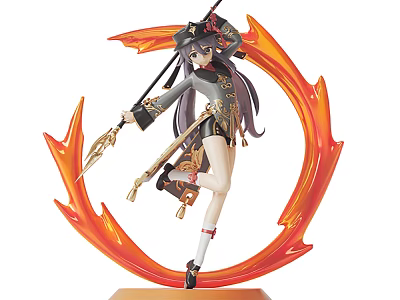 Dynamic Pose Doll Figure With Gray Black Outfit Hat Holding Spear And Red Flame Decoration 3d model