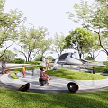 Outdoor Children's Play Area With Green Grass Trees And Playground Equipment For Kids Playing