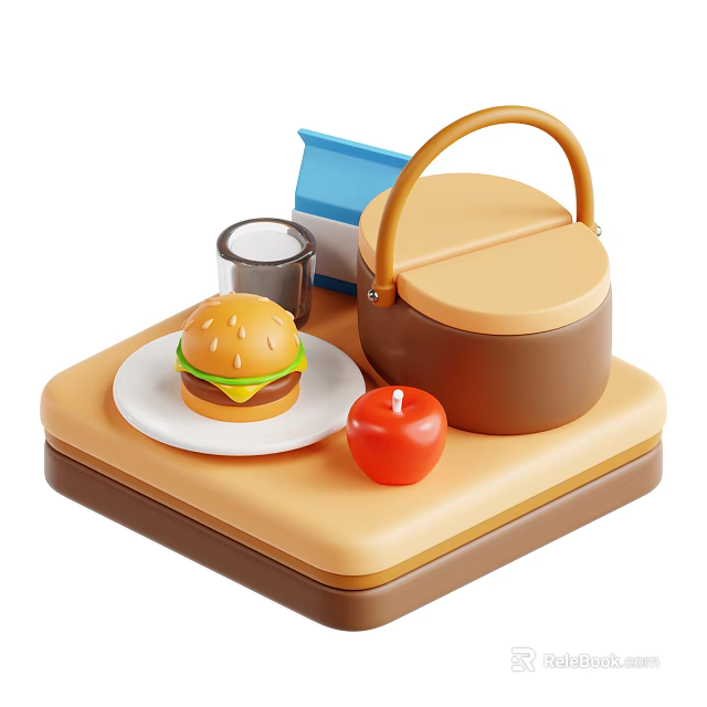 Delicious Hamburger And Red Apple On Tray With Lunch Box And Milk Carton 3d model 