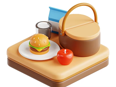Delicious Hamburger And Red Apple On Tray With Lunch Box And Milk Carton 3d model