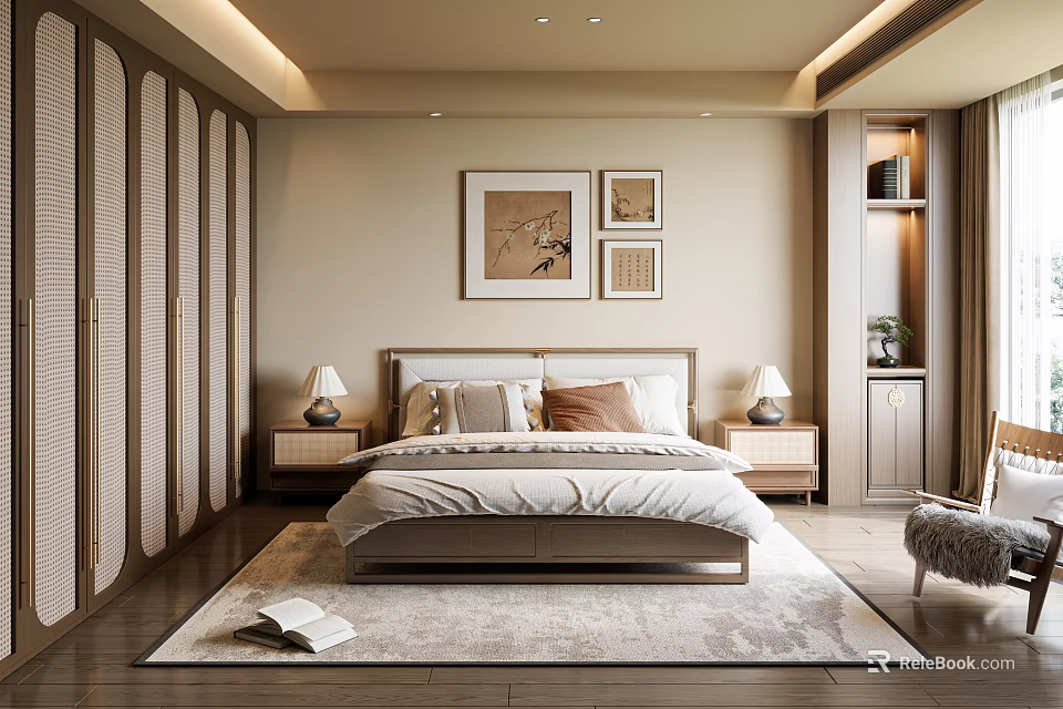 Modern Bedroom Interior With Double Bed Nightstands Table Lamps Wall Art Wardrobe And Area Rug 3d model 