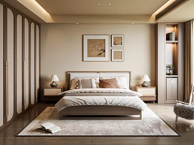 Modern Bedroom Interior With Double Bed Nightstands Table Lamps Wall Art Wardrobe And Area Rug 3d model