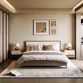 Modern Bedroom Interior With Double Bed Nightstands Table Lamps Wall Art Wardrobe And Area Rug
