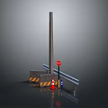 Road Landscape With Gray Background Tall Pole Stop Sign Orange Barricades Guardrail And Traffic Cone