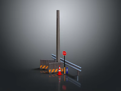 Road Landscape With Gray Background Tall Pole Stop Sign Orange Barricades Guardrail And Traffic Cone 3d model