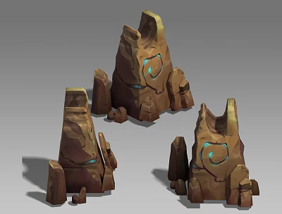 Natural Stone and Wood Stacked Rock Structures With Blue Glowing Circle Patterns 3d model