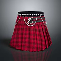 Traditional Red Plaid Kilt with Black Waistband and Silver Chain Ornaments