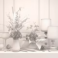 Tabletop Decor With Glass Vase White Flowers Green Leaves Wine Glasses And Candle Holders