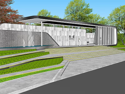 Modern Entrance Gate With Stone Wall Flat Roof Yellow Striped Pathway And Lush Greenery 3d model