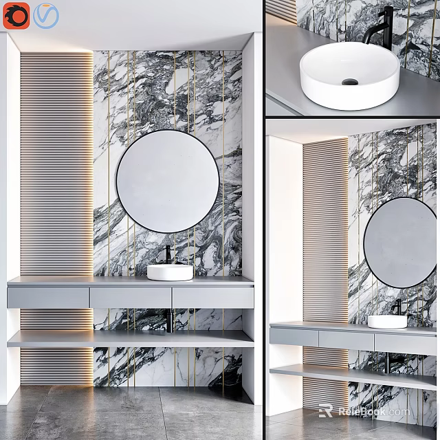 Modern Bathroom Vanity With Round Mirror White Washbasin And Marble Wall 3d model 