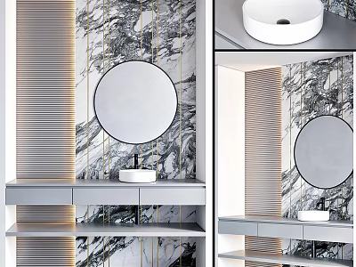 Modern Bathroom Vanity With Round Mirror White Washbasin And Marble Wall 3d model