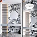 Modern Bathroom Vanity With Round Mirror White Washbasin And Marble Wall