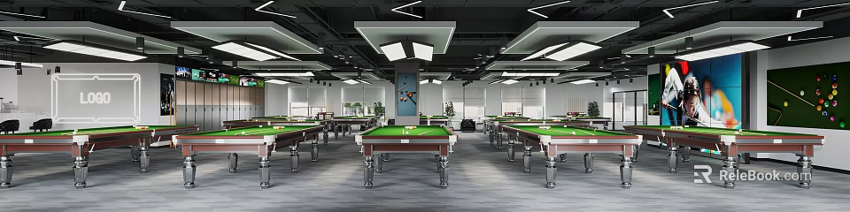 Contemporary Billiard Room Interior With Green Felt Tables And Ceiling Lighting Fixtures 3d model 