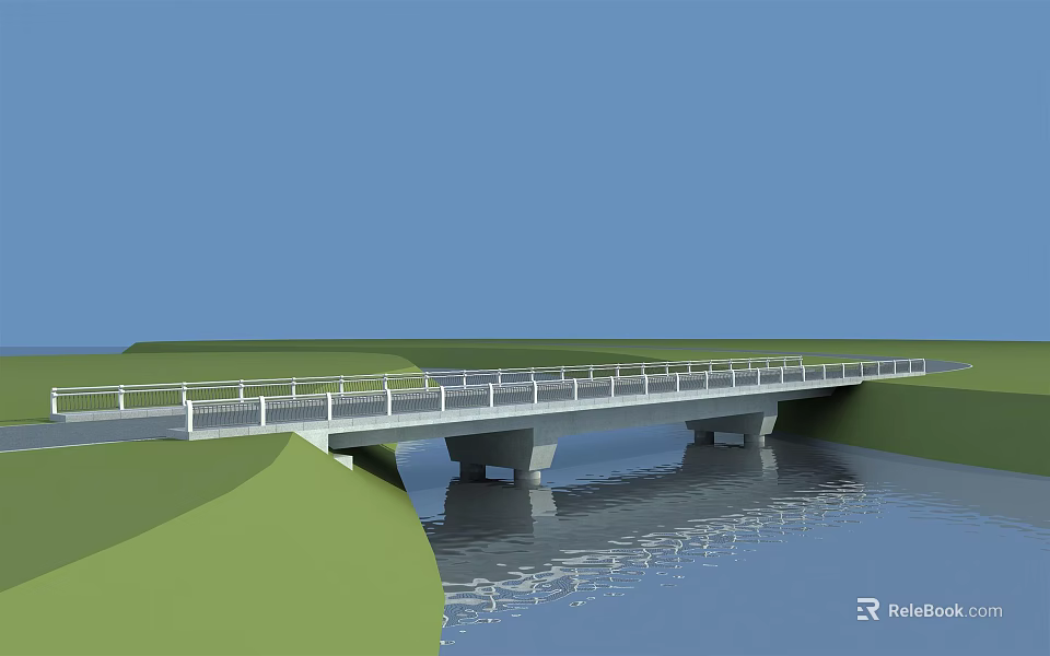Modern Bridge With Railing Over River Surrounded By Green Grass And Blue Sky 3d model 