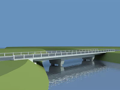 Modern Bridge With Railing Over River Surrounded By Green Grass And Blue Sky 3d model