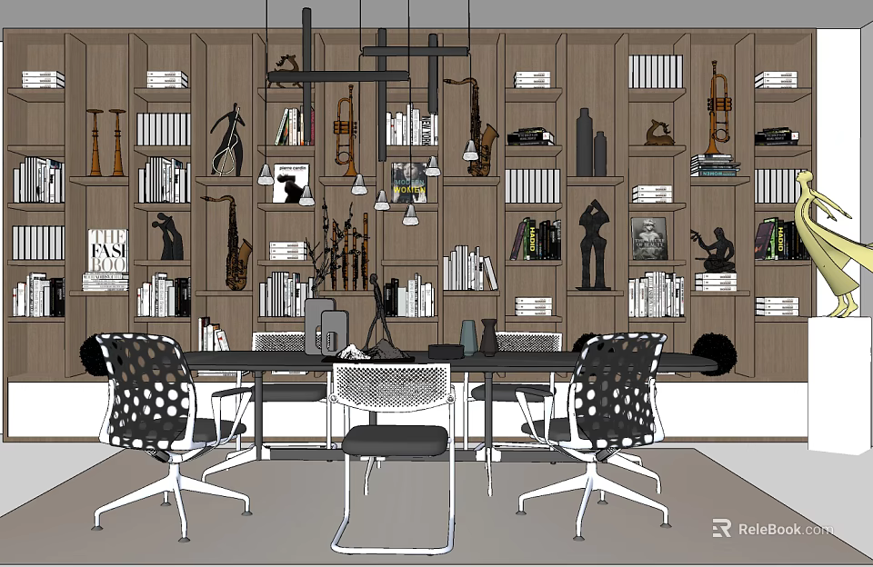 Modern Conference Table In Office With Bookshelves Books Decorative Items And Chairs 3d model 