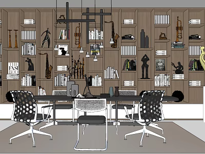 Modern Conference Table In Office With Bookshelves Books Decorative Items And Chairs 3d model